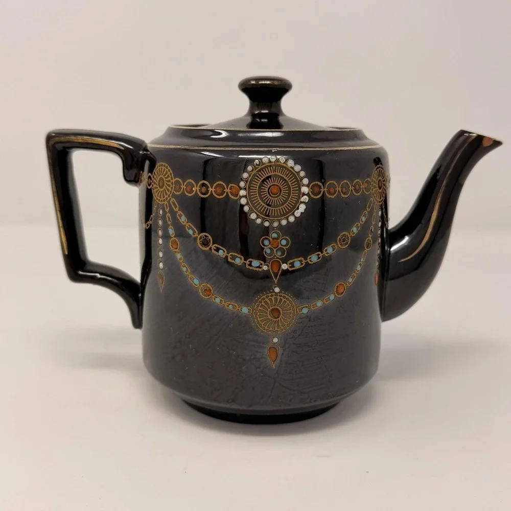 Vintage English Teapot Black Glaze Hand Painted‎ Made in England